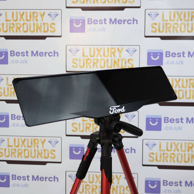 White Ford Plate Holder - Luxury Number Plate Holder mounted on a tripod, ideal for vehicle decor and license plate display upgrades.