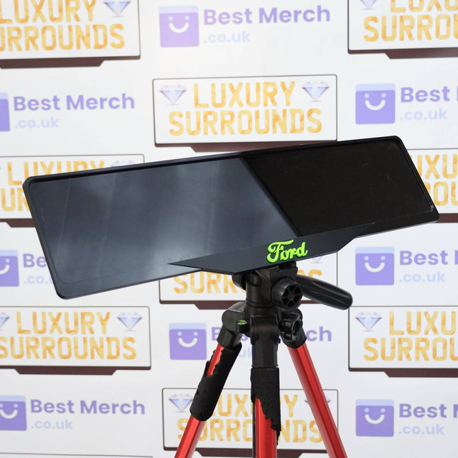Green Ford Plate Holder - Luxury Number Plate Holder mounted on a red tripod, ideal for stylish vehicle license plate display and decor.