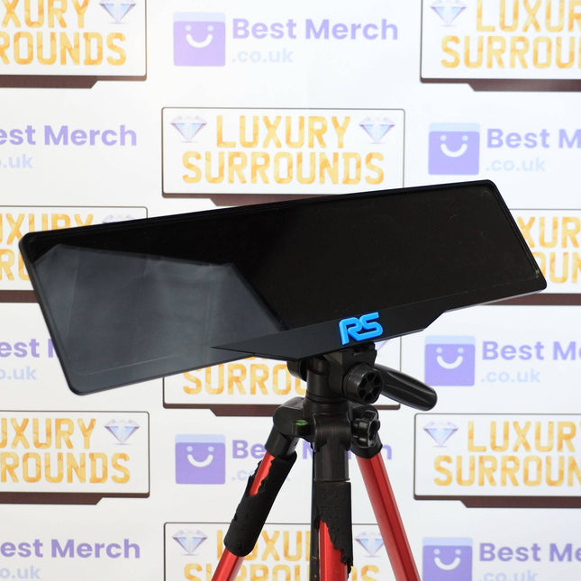 Blue Ford RS Plate Holder - Luxury Number Plate Holder mounted on a tripod, showcasing its sleek black design with blue RS logo.