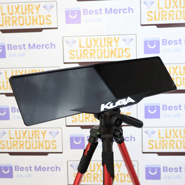 White Ford Kuga Plate Holder - Luxury Number Plate Holder mounted on a tripod, showcasing sleek black finish with bold Kuga logo.