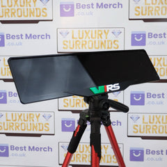 White Skoda VRS Plate Holder - Luxury Number Plate Holder mounted on a tripod, showcasing its sleek black design with VRS logo in green, red, and white.