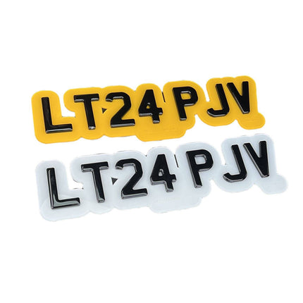 BUBBLE PLATE UPGRADE (FRONT & REAR) featuring 3D black characters on yellow and white acrylic plates for vehicle registration enhancement