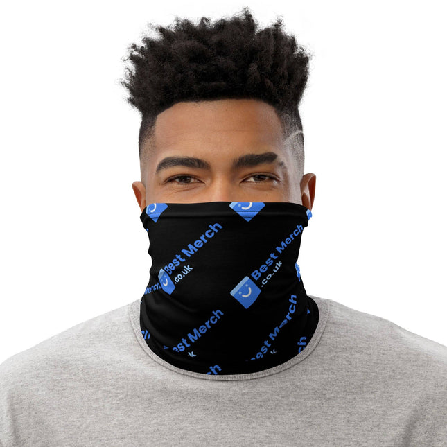 Neck Gaiter - Best Merch Branded in black with blue and white logo, worn by a model facing forward. Ideal for stylish face and neck coverage.