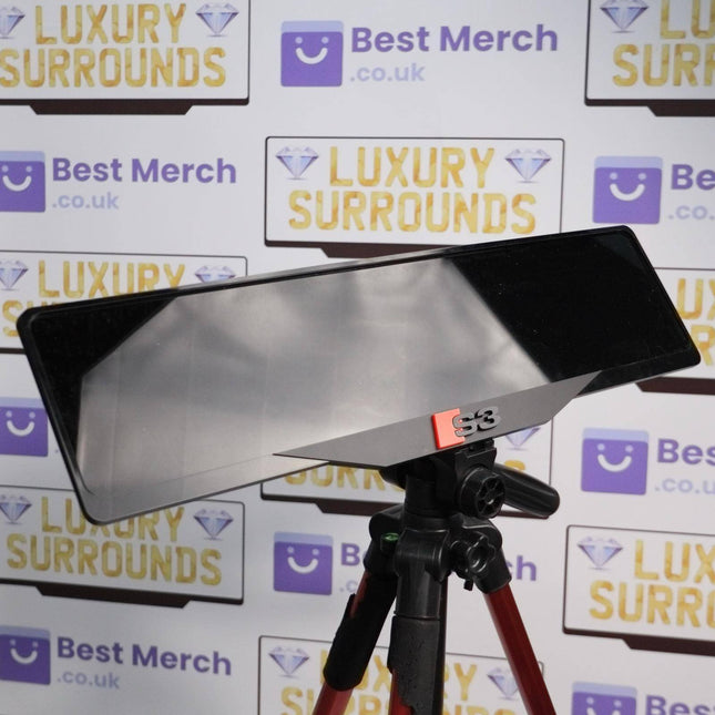 Audi S3 Plate Holder in red and black mounted on a tripod, showcasing luxury number plate holder design for premium vehicle decor.
