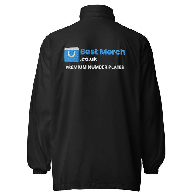 Back view of Best Merch Unisex windbreaker in black with blue and white logo and 'Premium Number Plates' text, ideal for branded outerwear.