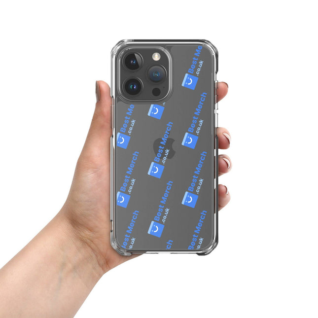 Clear Case for iPhone® - Best Merch Branded with blue logo pattern, shown on a dark iPhone held in hand. Durable and stylish phone protection.