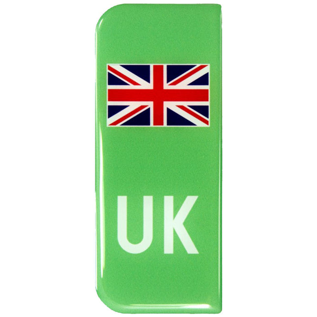EV UK Gel Flag with Union Jack design on a green background, ideal for electric vehicle number plates or accessories.