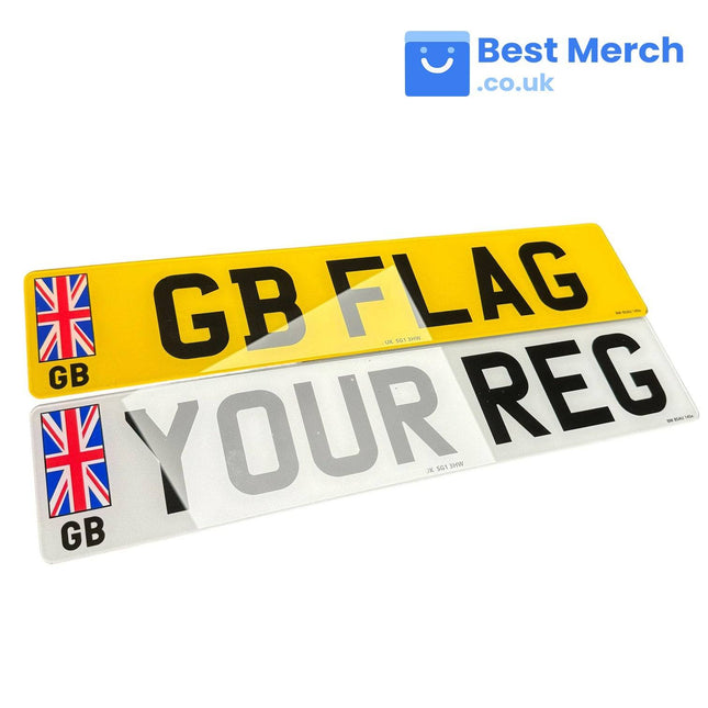 Standard number plates with GB flag featuring yellow rear and white front plates, ideal for UK vehicles. Customizable registration for legal display.
