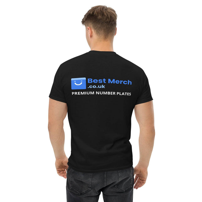 Back view of Men's classic tee - Best Merch Branded in black with large logo and 'Premium Number Plates' text, ideal for merch branding.