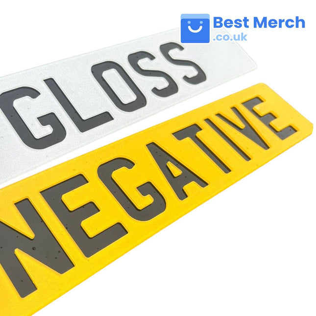 Negative Number Plates - Reverse 4D Plates in gloss finish with bold black lettering on yellow and white backgrounds, ideal for custom vehicle styling.