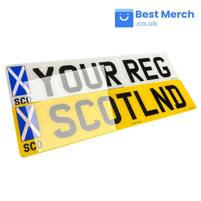 Standard number plates with Scotland flag featuring custom text options in white front and yellow rear styles. Ideal for vehicle decor and personalization.