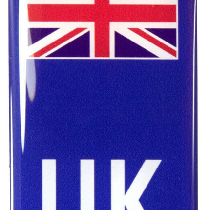 UK Gel Flag badge featuring the Union Jack and bold white 'UK' text on a glossy blue background. Ideal for vehicles or travel accessories.