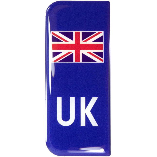 UK Gel Flag badge featuring the Union Jack and bold white 'UK' text on a glossy blue background. Ideal for vehicles or travel accessories.