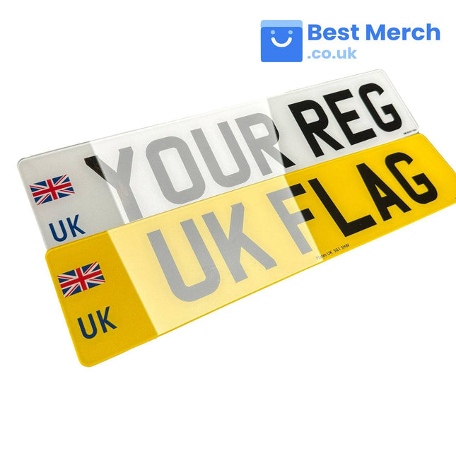 Standard number plates with UK flag featuring white front and yellow rear plates, ideal for vehicle registration and decor upgrades in the UK.