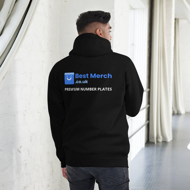 Unisex Hoodie - Best Merch Branded in black with large back logo and 'Premium Number Plates' slogan, ideal for casual streetwear merch.